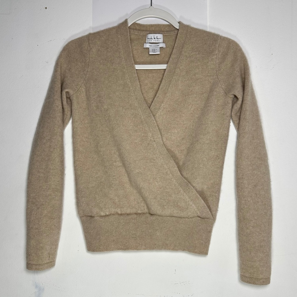 FLAW Nicole Miller New York 100 Cashmere Wrap Sweater Tan Beige XS‎ Surplice